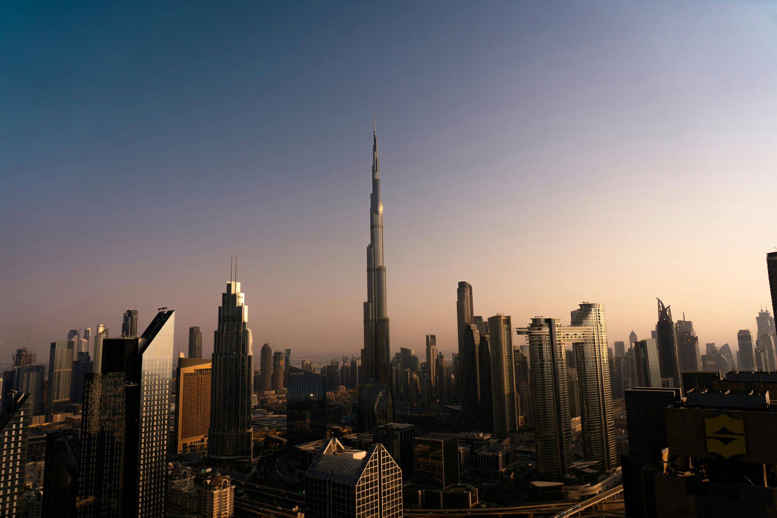 dubai’s skyline with the burj khalifa at sunset