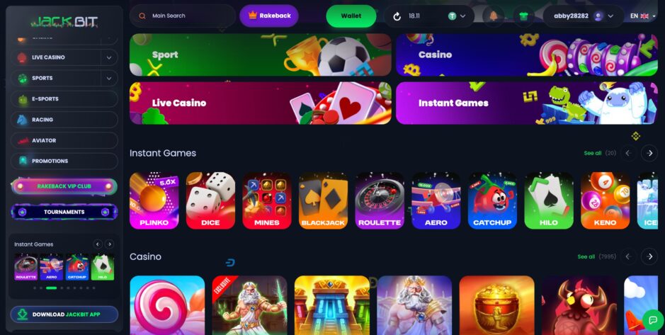 desktop screenshot of the jackbit casino homepage showing game categories, slots, and the left-side navigation menu