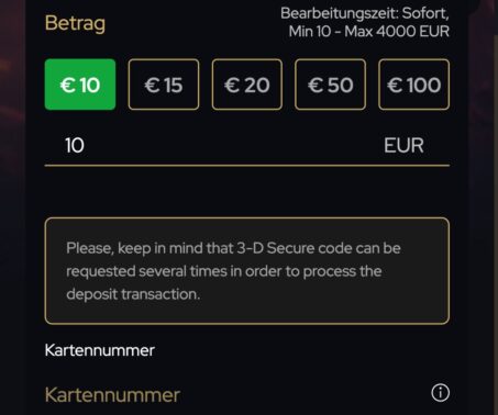 Das Bild zeigt die Einzahlungsmaske des KatsuBet Casinos CH