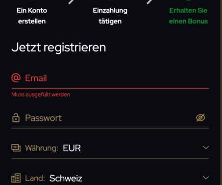Das Bild zeigt die Maske zur Registrierung im KatsuBet Casino CH