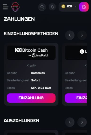 Das Bild zeigt die mobile Einzahlungsmaske von Bitstrike Schweiz