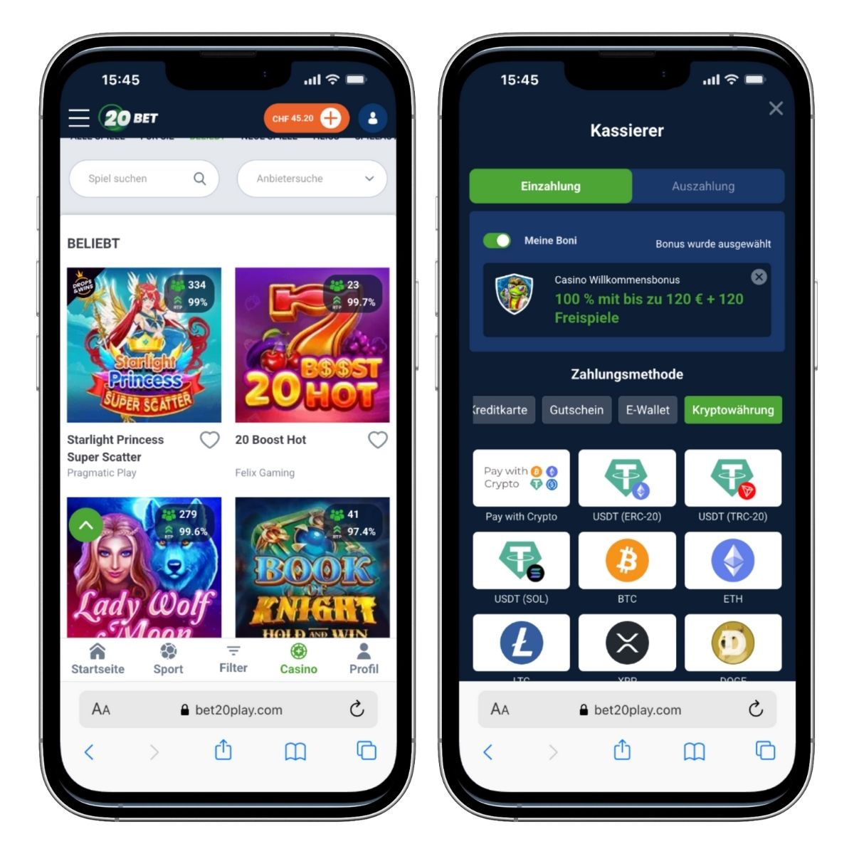 Das Bild zeigt die Mobile Ansicht von 20bet. Rechts die Einzahlungsmaske und links ein Ausschnitt der beliebten Casinospiele