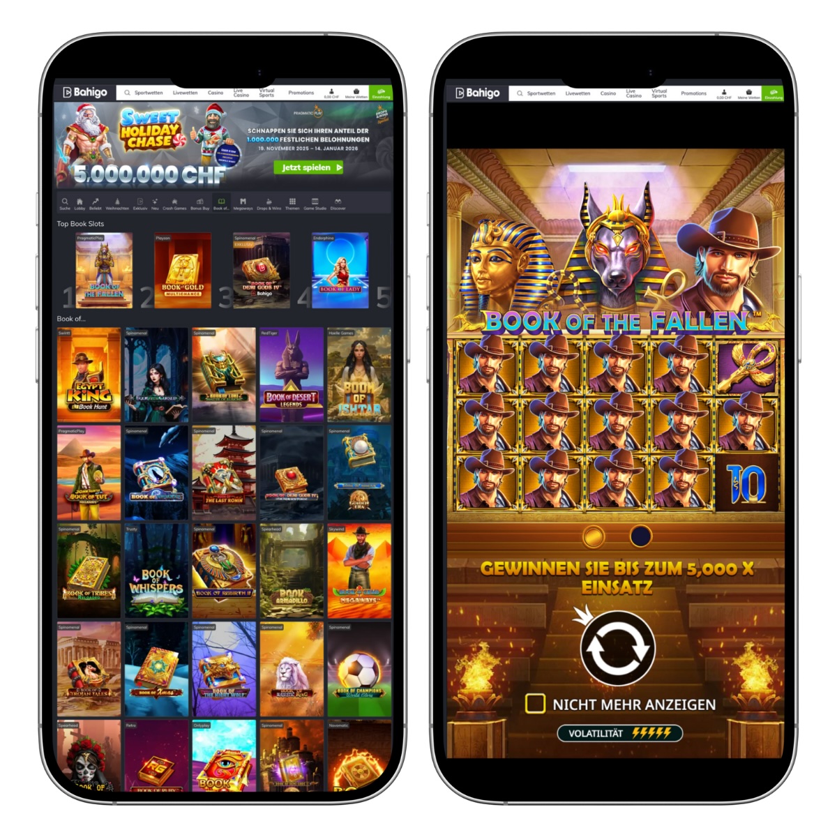 Mobile version des Bahigo Casinos. Rechts ein Ausschnitt eines Live Slot Spiels und Links die Spieleausswahl