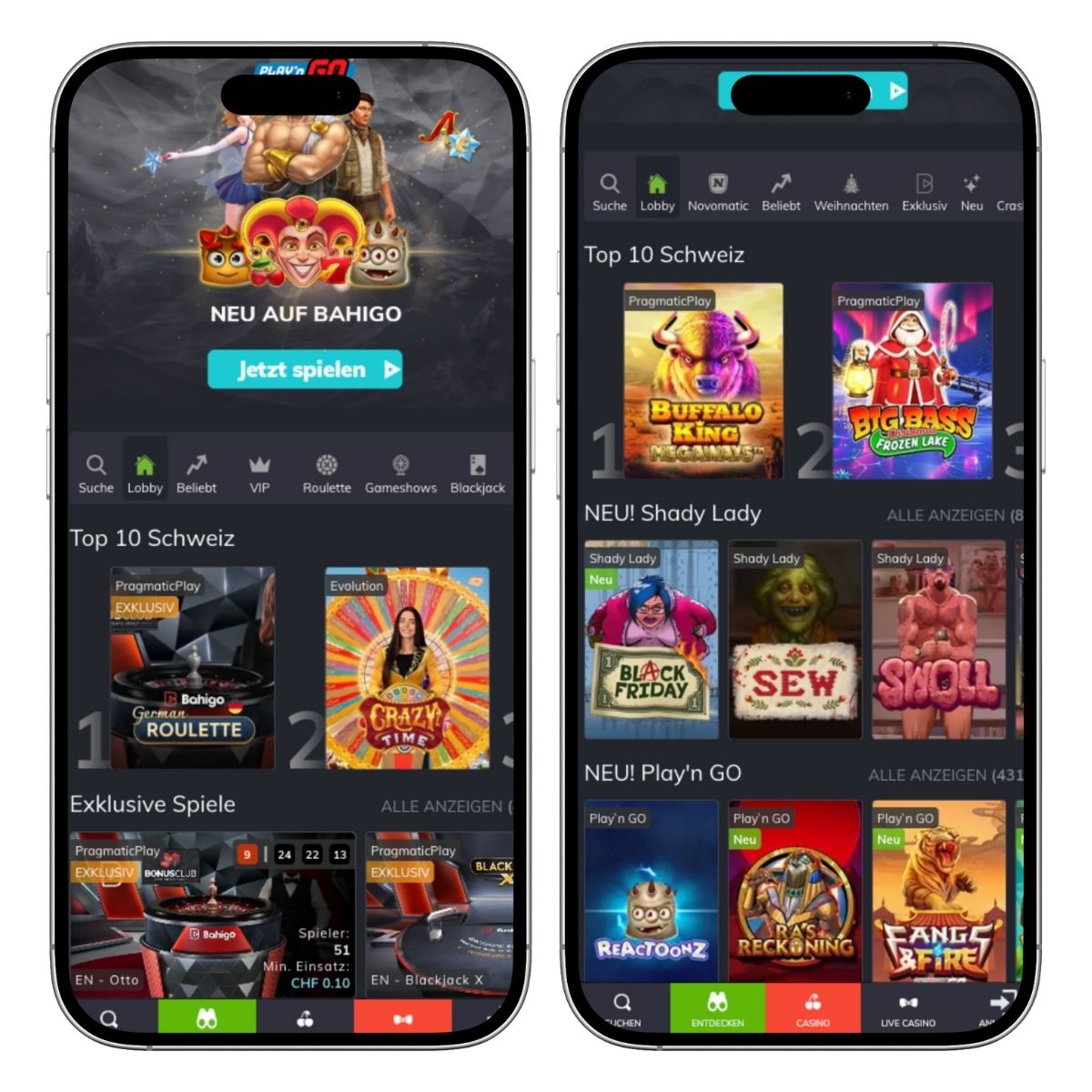 Das Bild zeigt die mobile Ansicht von Bahigo. Rechts ein Ausschnitt der neuen Spiele und links die Startseite