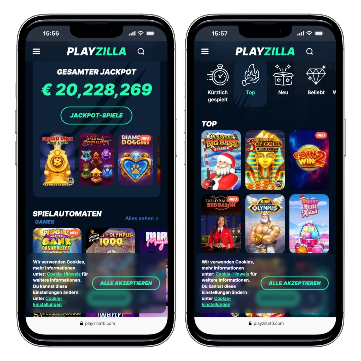 Das Bild zeigt die mobile Ansicht von Playzilla. Rechts ein Ausschnitt der Top Spiele und links die Jackpots