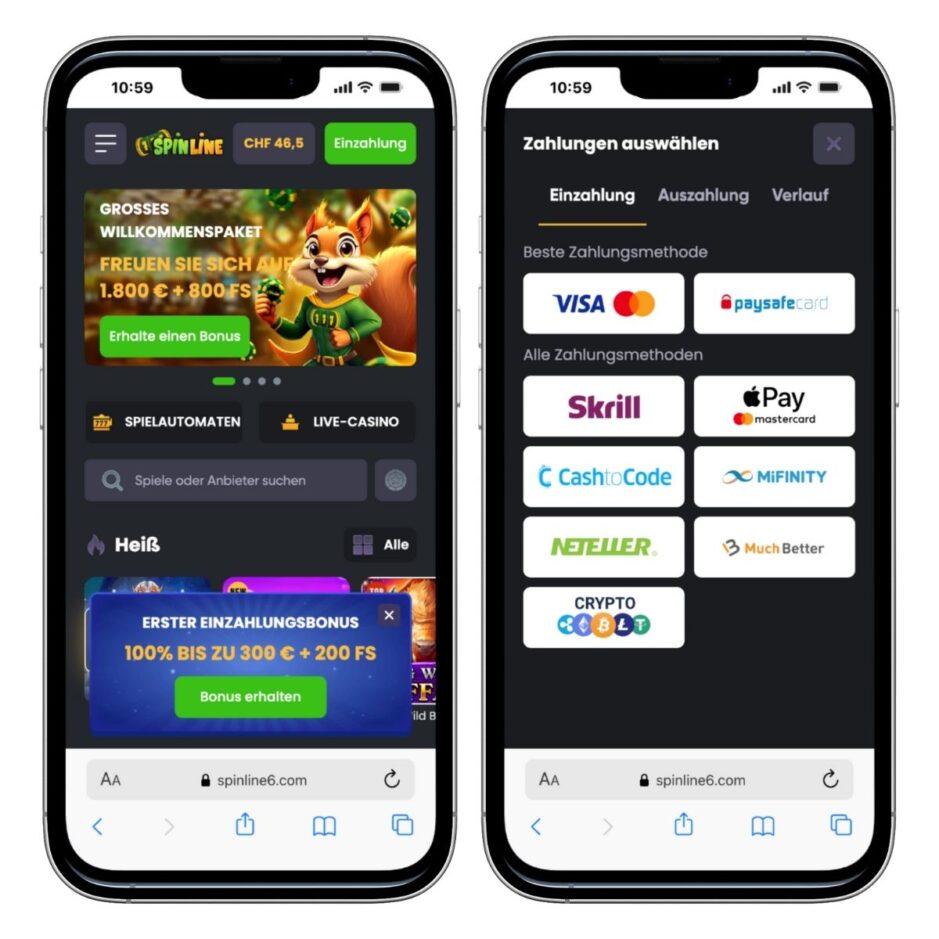 Das Bild zeigt links die Startseite und rechts die Einzahlungsseite des Spinline Casinos CH