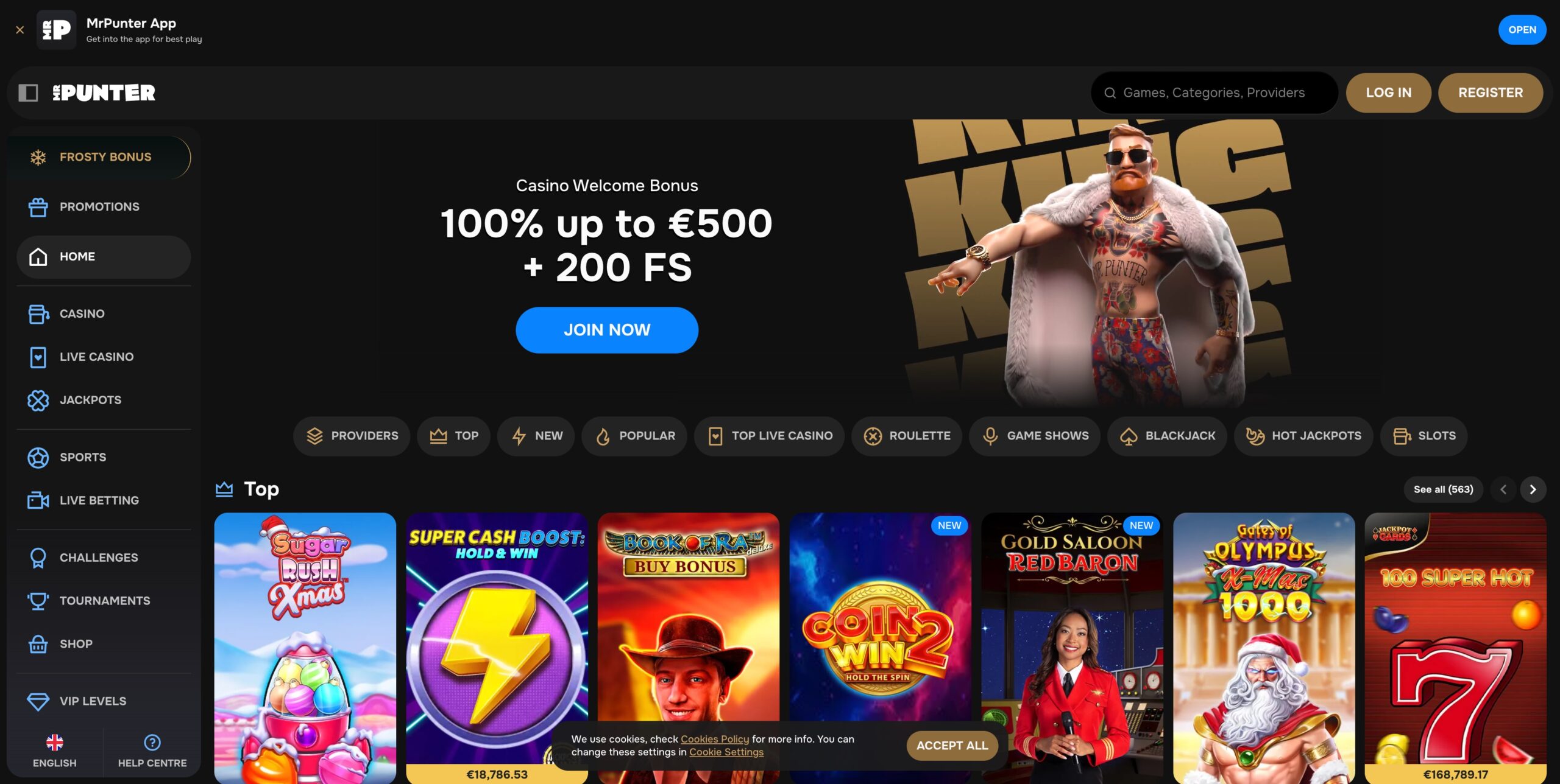 desktop screenshot of the mrpunter casino homepage showing the welcome bonus banner and game lobby