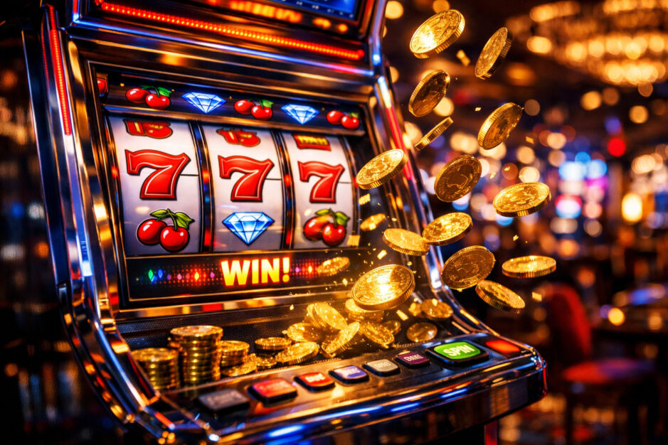 Imagen de una tragamonedas clásica con tres carretes y monedas con las que poder jugar.