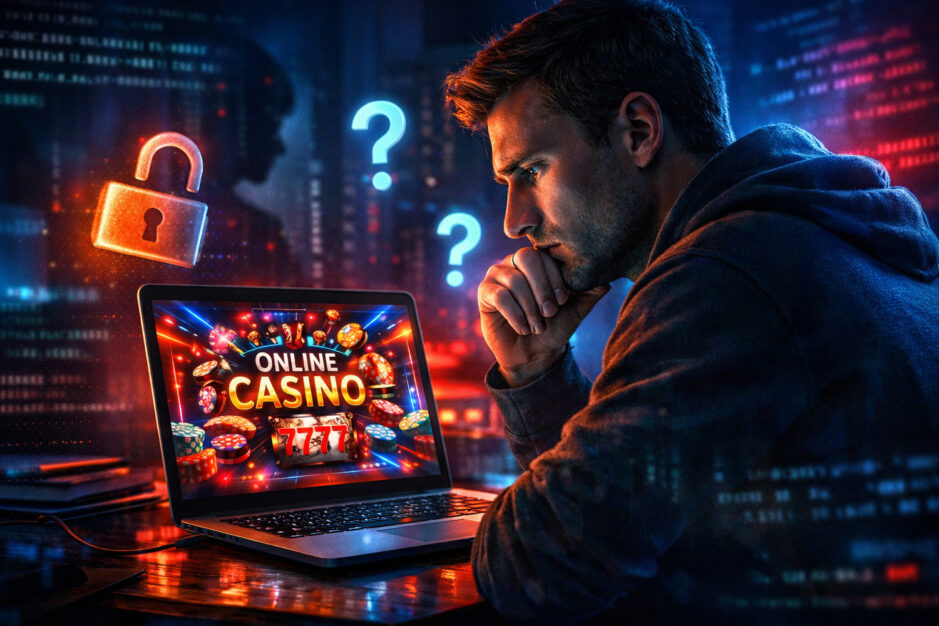 Imagen que represente la seguridad de los casinos online sin verificación. Un jugador sentado frente a una computadora portátil con la pantalla mostrando un casino online brillante y atractivo.
