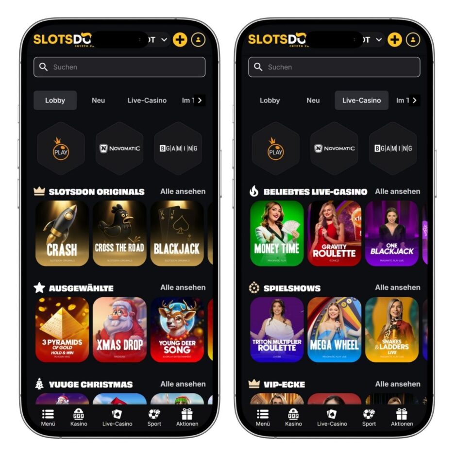 Die mobile Ansicht von Slotsdon Casino ist modern und benutzerfreundlich.