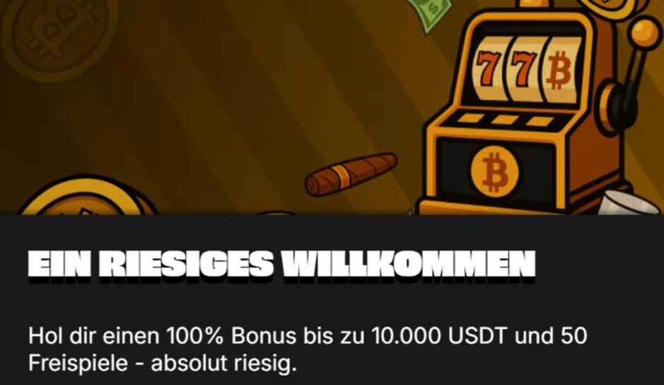 Das Bild zeigt in der oberen Hälfte eine Krypto Slot Maschine und in der unteren Hälfte den Willkommensbonus von 10'000 USDT + 50 Freispiele von Slotsdon Schweiz