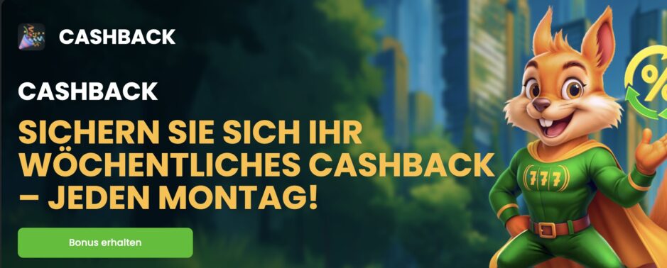 Das Bild zeigt das Maskottchen von Spinline und den Cashback Bonus, der jeden Montag angeboten wird