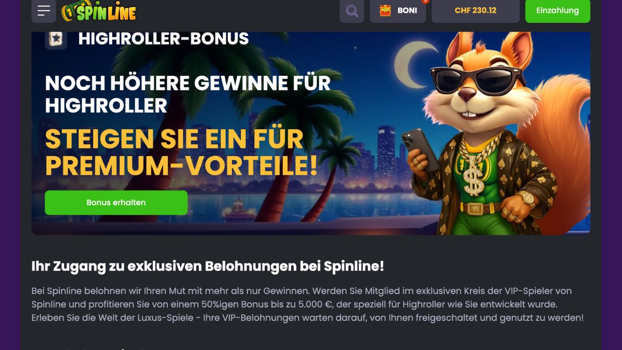 Das Bild zeigt den aktuellen Spinline Highroller Bonus der Schweiz