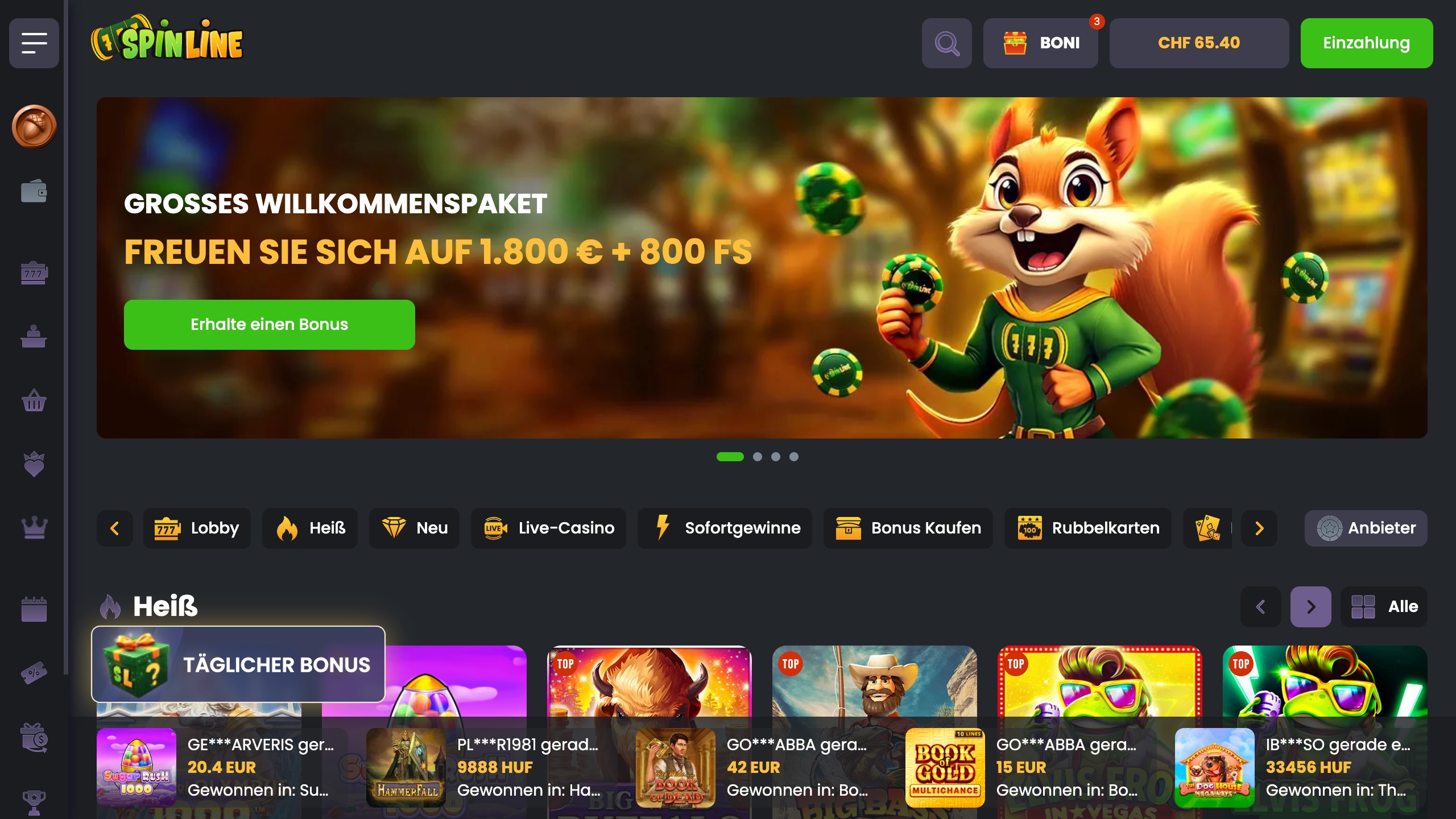 Das Bild zeigt die Desktop Startseite nach erfolgreichem Login bei Spinline Schweiz mit dem Bonusbanner und der Spielesammlung