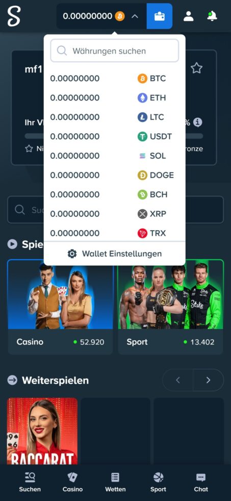 Das Bild zeigt die Auswahl der Krypto Coins bei Stake