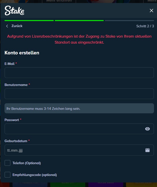 Das Bild zeigt eine Fehlermeldung bei der Anmeldung von Stake