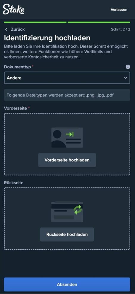 Das Bild zeigt die Maske, wo man sein Konto bei Stake verifizieren kann
