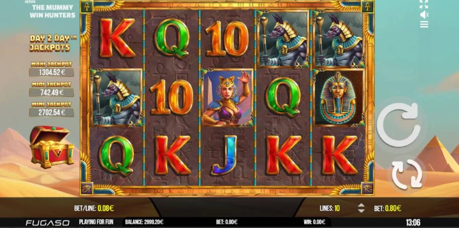 Screenshot vom kostenlosen Day 2 Day Jackpot Demospiel von The Mummy Win Hunters (Fugaso)