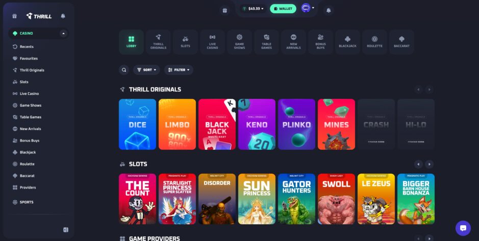 desktop screenshot of the thrill casino homepage showing thrill originals, slots, and the left-side navigation menu