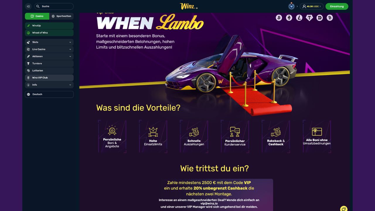 Das Bild zeigt den aktuellen Winz Highroller Bonus der Schweiz