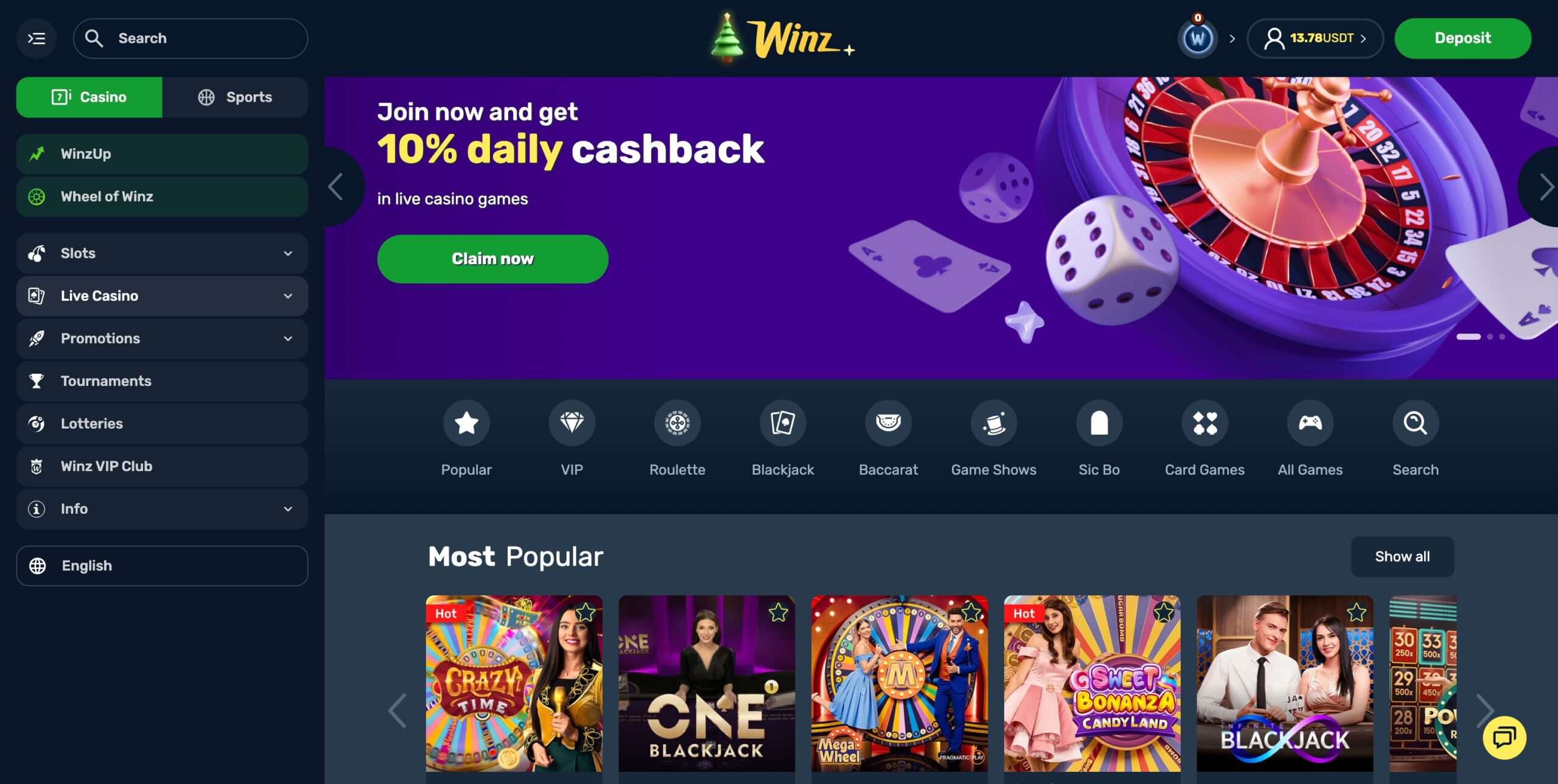 desktop screenshot of the winz.io casino homepage showing bonus banner, slots, and the left-side navigation menu