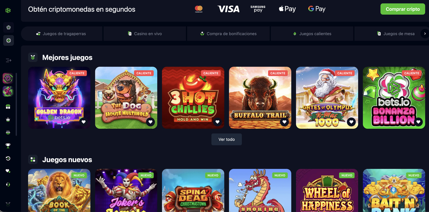 Sección de juegos de casino de Bets.io. La imagen acompaña del banner de compra de criptomonedas en Visa, Google Pay, etc.