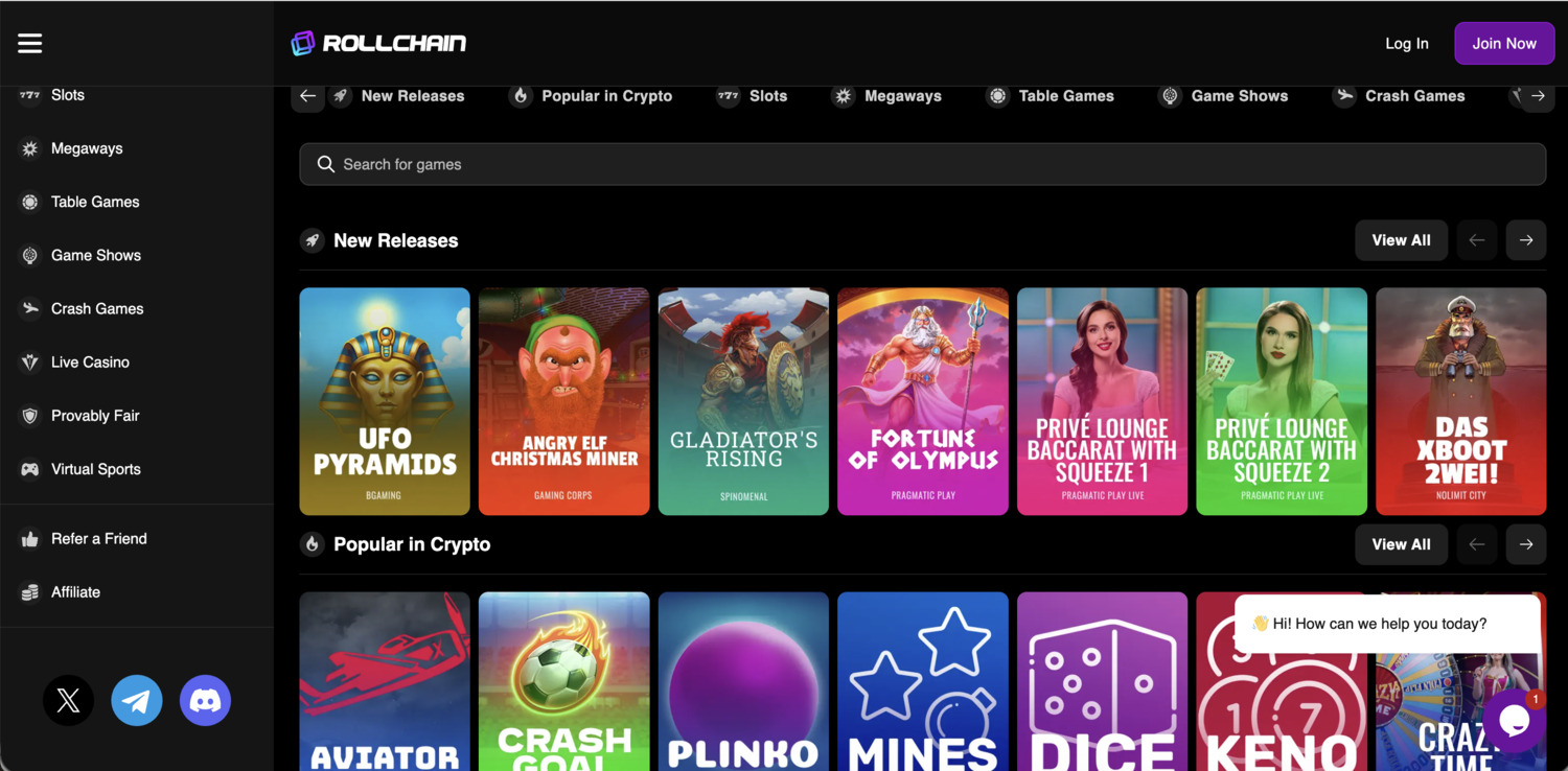 Variedad de juegos (slots, juegos de mesa, juegos crash) para disfrutar y tener la mejor experiencia en Rollchain.io