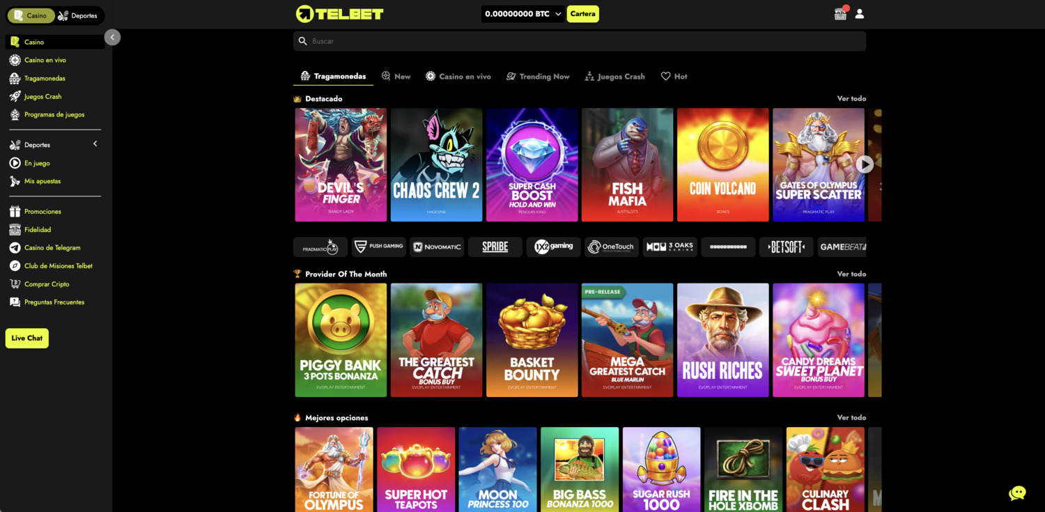 Lobby de juegos de Telbet Casino, mostrando su sección de tragamonedas y destacando las mejores opciones y los más jugado del mes con títulos como Rush Riches