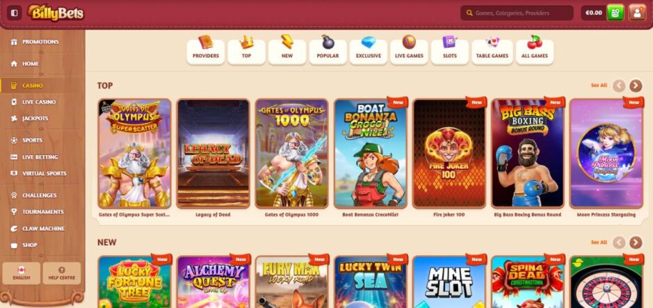 desktop screenshot of the BillyBets casino homepage showing game categories, top games, and the left-side navigation menu