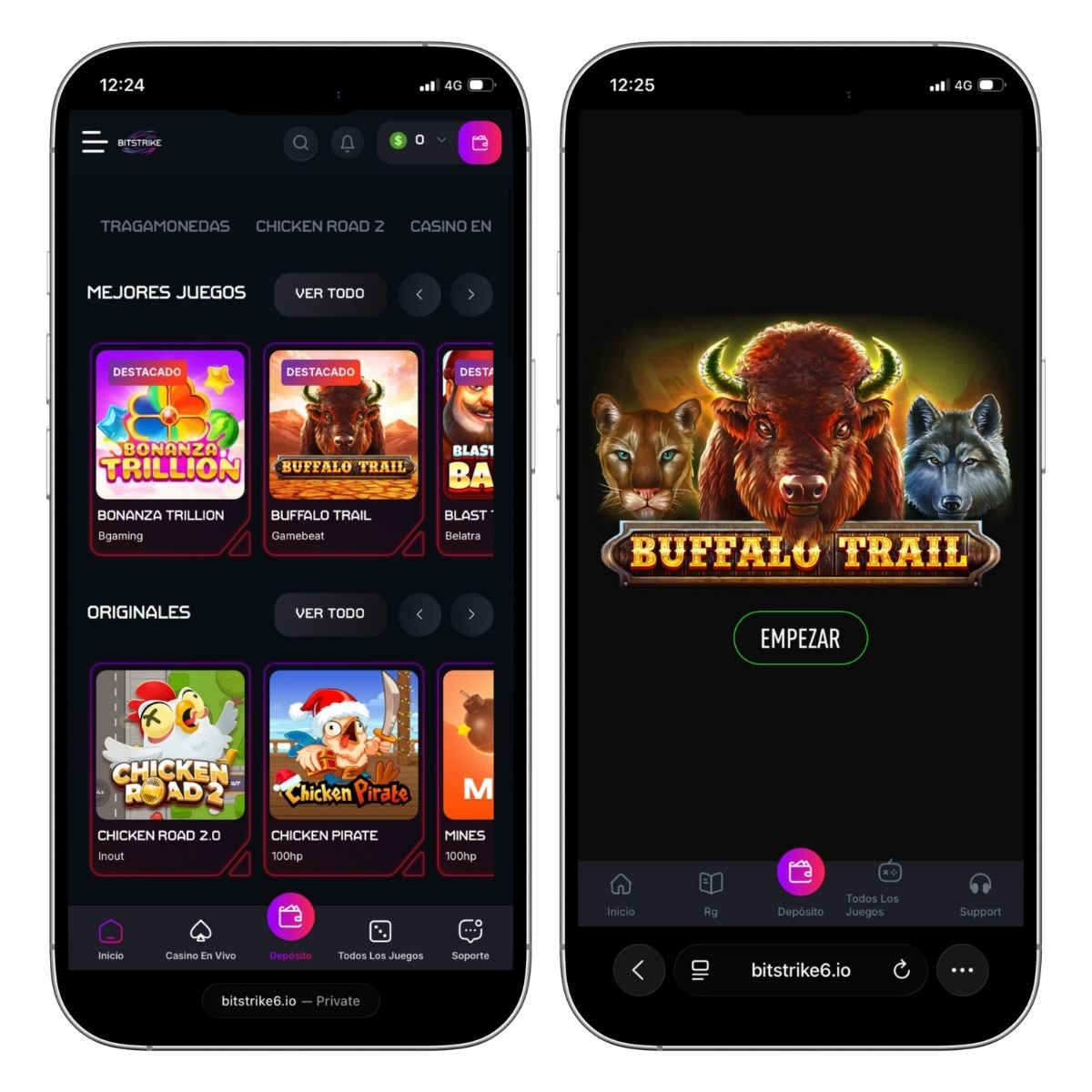 Bitstrike Casino optimizado para móvil con tragaperras, juegos de mesa y casino en vivo.