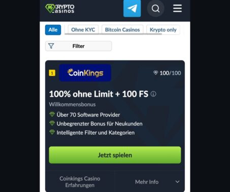 Das Bild zeigt den Testbericht von Coinkings Schweiz mit dem CTA Button "Jetzt spielen", welcher zum Casino führt