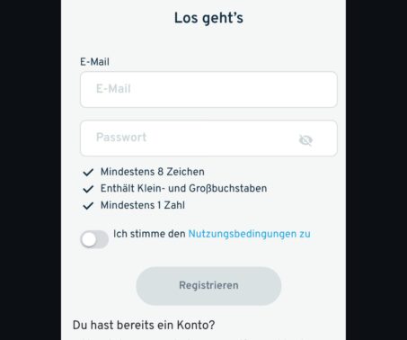 Das Bild zeigt, wie man E-Mail-Adresse und Passwort wählen muss um sich bei Cryptorino zu registieren