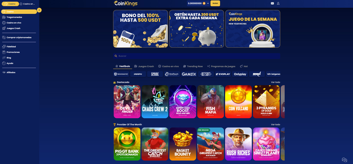 Lobby de juegos del casino CoinKings distribuido por categorías y proveedores para elegir el más interesante
