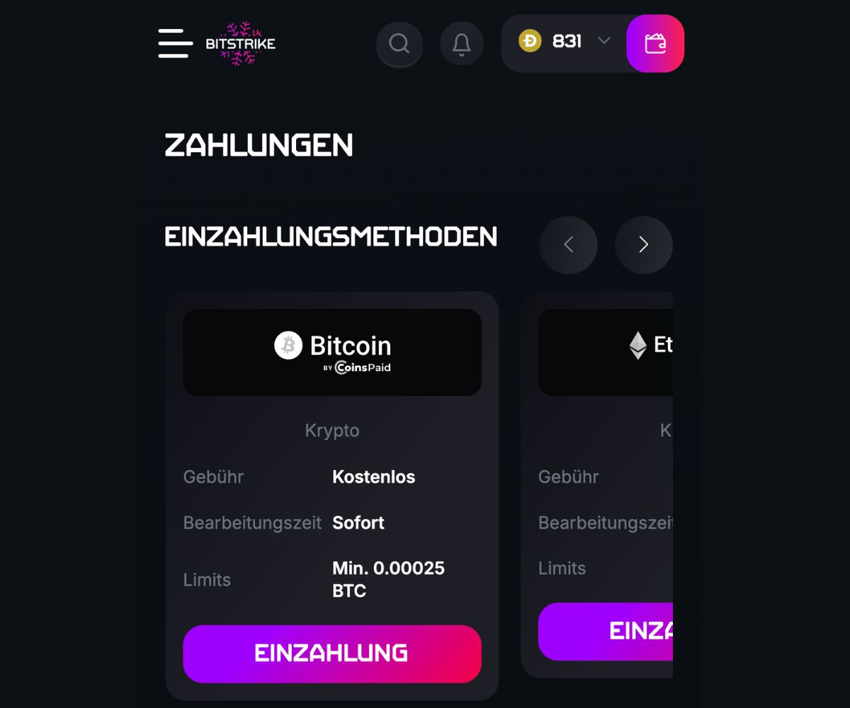 Das Bild zeigt die mobile Einzahlungsmaske von Bitstrike Schweiz
