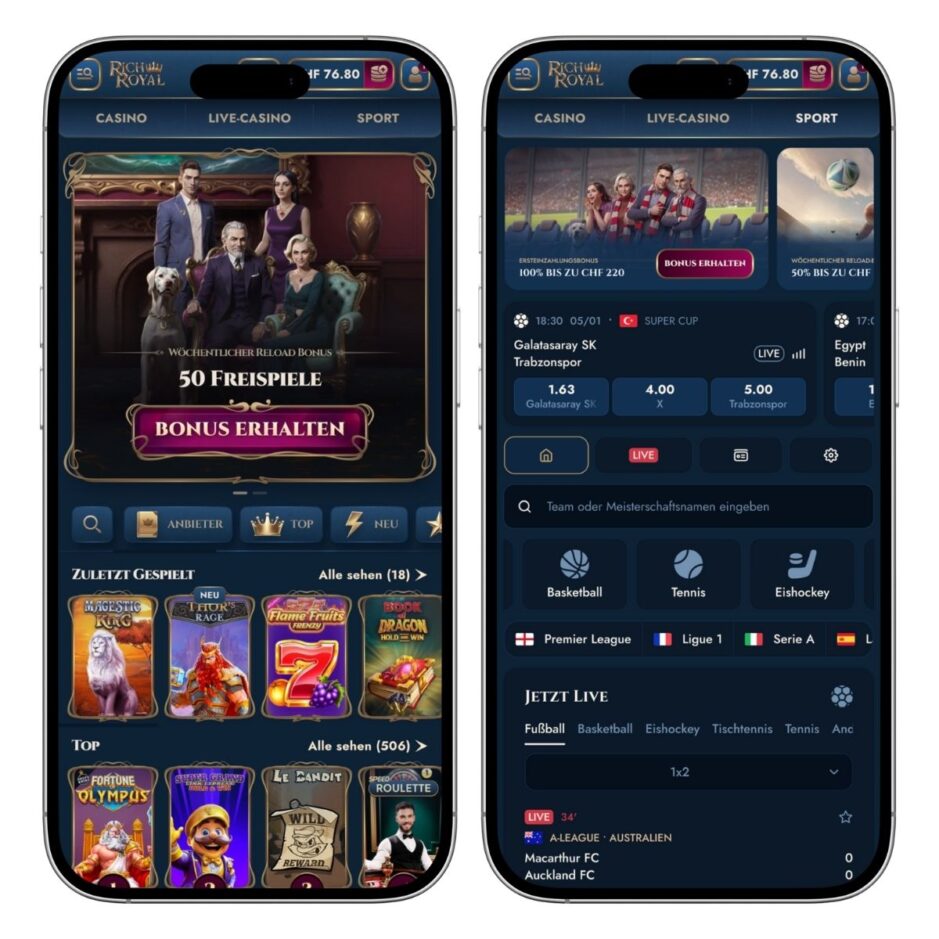 Mobile Ansicht RichRoyal. Es zeigt einmal die Startseite auf der linken Seite und einmal die Sportrubrik auf der rechten Seite
