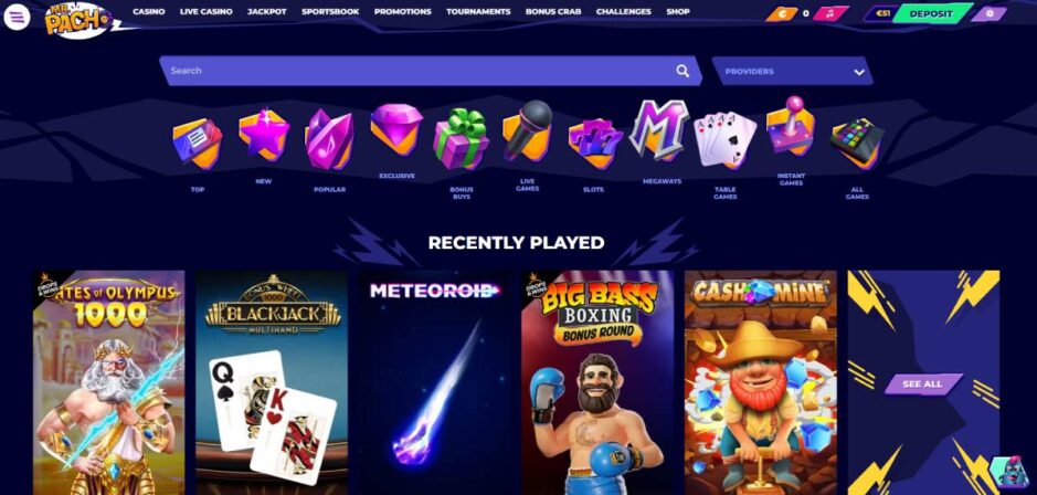 desktop screenshot of the Mr. Pacho casino homepage showing game categories and recently played games