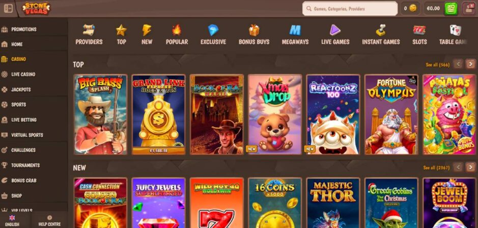 desktop screenshot of the stonevegas casino homepage showing game categories, top games, and the left-side navigation menu