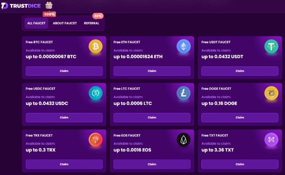 Screenshot showing the free cryptocurrencies you can claim at TrustDice Casino, including BTC, USDT, ETH, EOS, LTC, USDC, TRX, DOGE, and TXT, available every 6 hours.