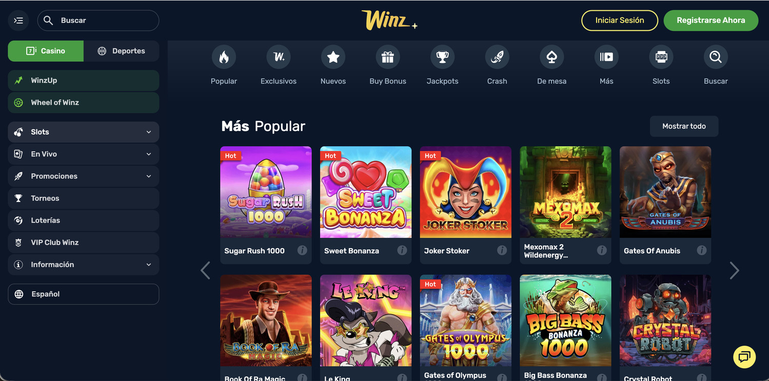 Imagen del casino Winz.io donde se pueden ver los filtros del casino, así como los juegos más populares