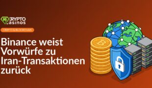 Stapel digitaler Münzen, blau leuchtender Globus mit Netzwerkknoten, Schild vor Server-Racks in dunklem Hintergrund.