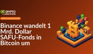 Logo von Binance über einem Stapel Bitcoins vor dunkelblauem Hintergrund mit digitalen Datenströmen im Vordergrund