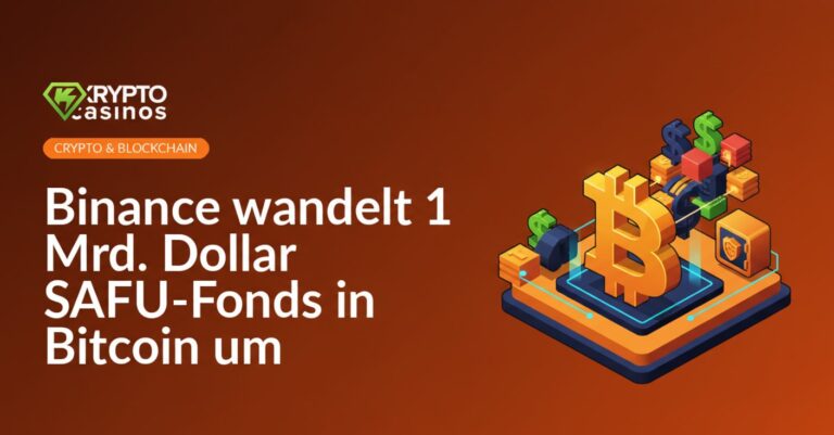 Logo von Binance über einem Stapel Bitcoins vor dunkelblauem Hintergrund mit digitalen Datenströmen im Vordergrund