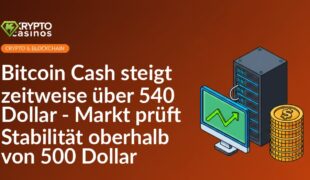 Bildschirm mit aufsteigendem Diagramm, Serverrack mit leuchtenden Knotenpunkten, Stapel goldener Münzen