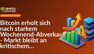 Isometrisches Marktdiagramm mit aufsteigendem Pfeil, Warnschild und gestapelten Server-Racks in Blau- und Grautönen.