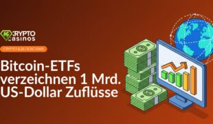 Trading-Monitor mit steigendem Balkendiagramm, Stapel Dollar-Scheine und vernetzter Globus im Hintergrund.