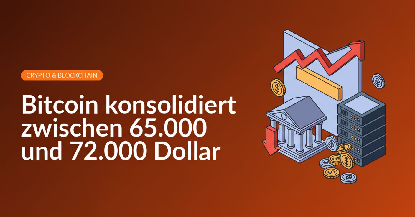 Preisdiagramm mit hervorgehobenem Band zwischen 65.000 und 72.000 Dollar, Bank mit Abwärtspfeil, Server rig überträgt Coins.