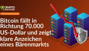 Servergestelle mit leuchtenden Datenblöcken, fallender Kurve und gesprungener Schutzschild im Vordergrund