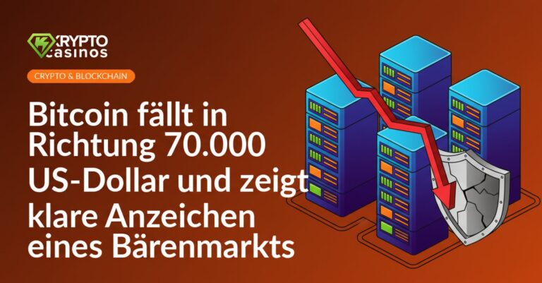 Servergestelle mit leuchtenden Datenblöcken, fallender Kurve und gesprungener Schutzschild im Vordergrund