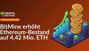 Gestapelte goldene Münzen, aufsteigende Balkendiagramme und leuchtendes Würfelnetz neben Serverregalen.