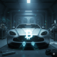 futuristic sports car in a high-tech garage with a glowing Bitcoin symbol projected on its front, surrounded by holographic digital interface elements representing cryptocurrency and advanced technology.
